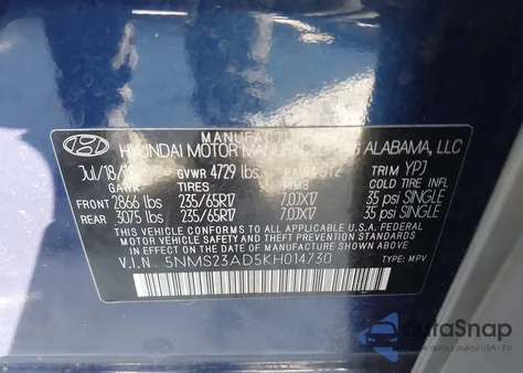 2019 Hyundai Santa Fe Se из США, поврежденный, VIN 5NMS23AD5KH014730